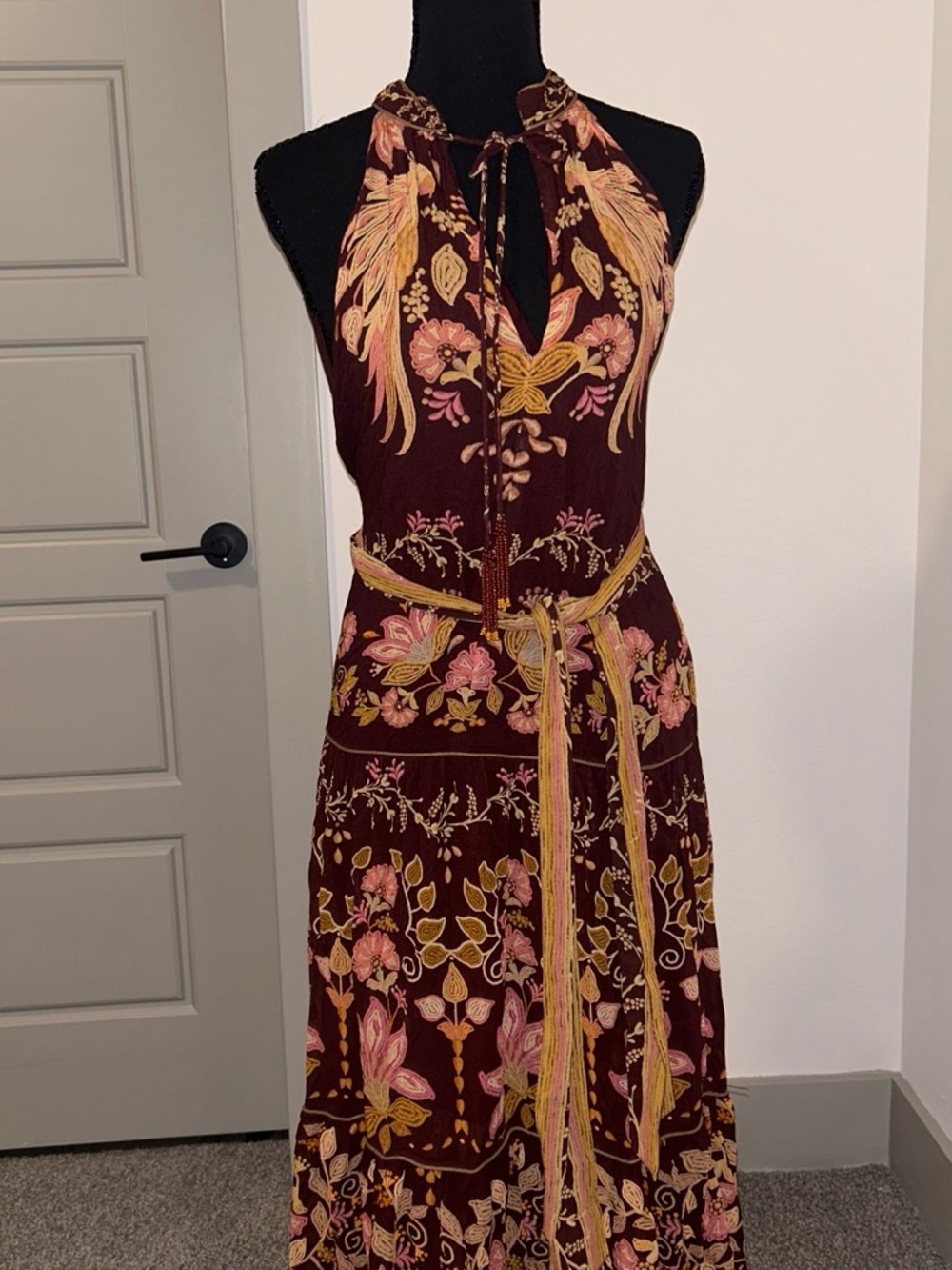 FARM Rio Burgundy Halter Maxi Dress with Pink & Gold Embroidery
